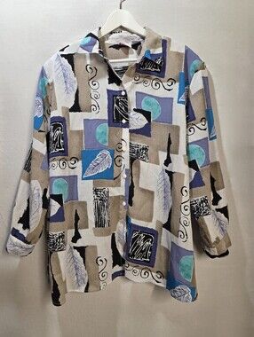 90s Abstract Geometric Plus Size Button Down Shirt With Shoulder Pads Size 22w